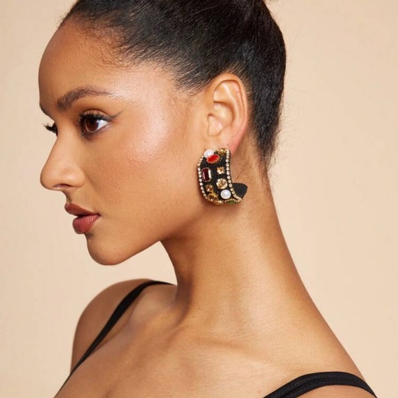 2/$30🌵 Bejeweled Thick Black Hoop Earrings Rhinestone Faux Pearl Royalty NEW - Picture 5 of 16